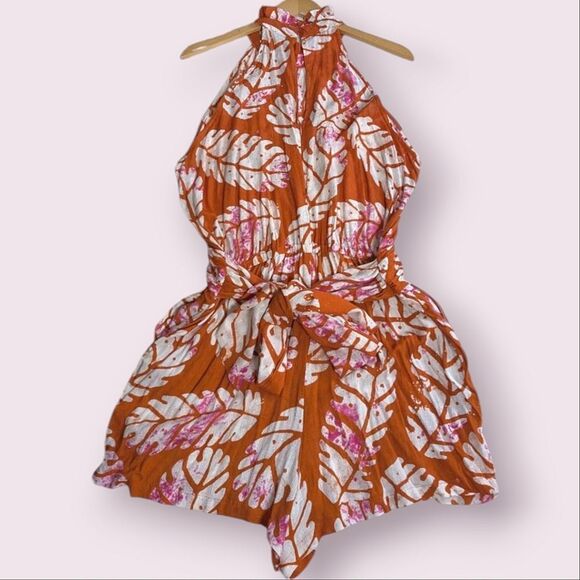 Nicole Miller Orange Rayon Tropical Print Halter Tie Waist Romper Size L - Picture 2 of 16